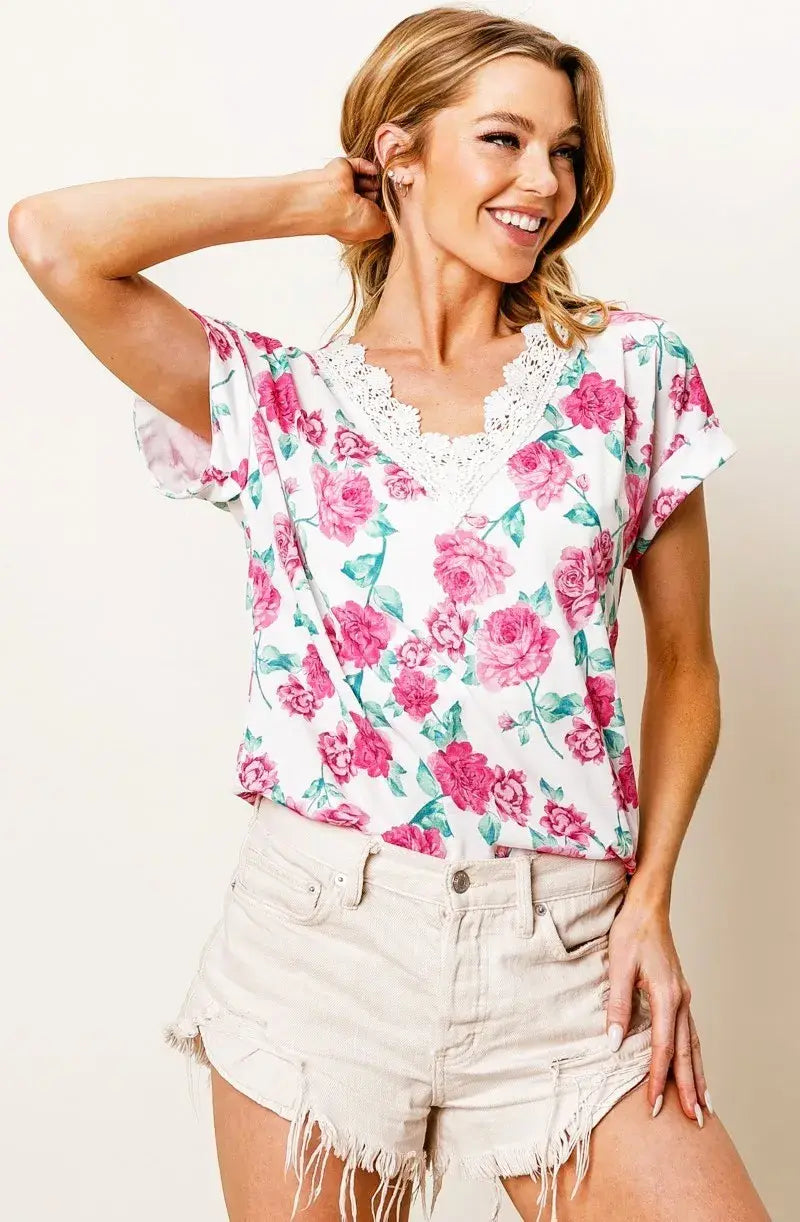 BiBi Rose Printed Poly Span with Crochet Lace Top - Trendsi - Flyclothing LLC
