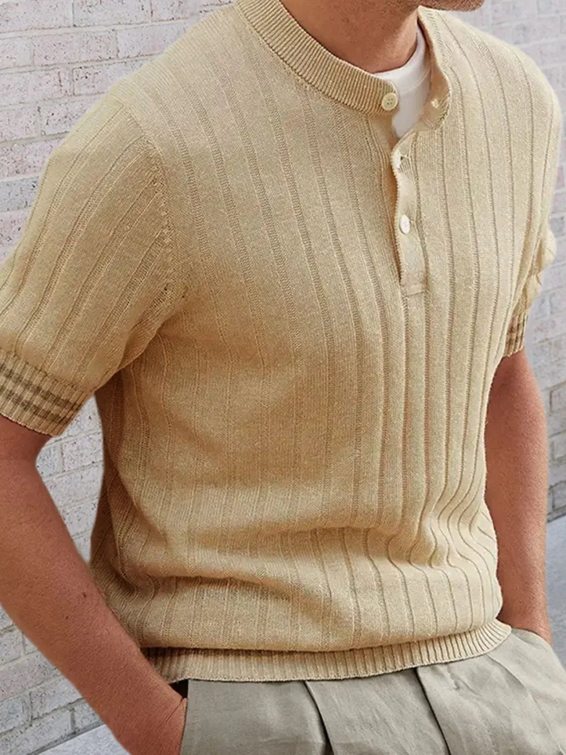 Men's Plus Size Ribbed Quarter Button Round Neck Striped Trim Polo - Trendsi - Flyclothing LLC