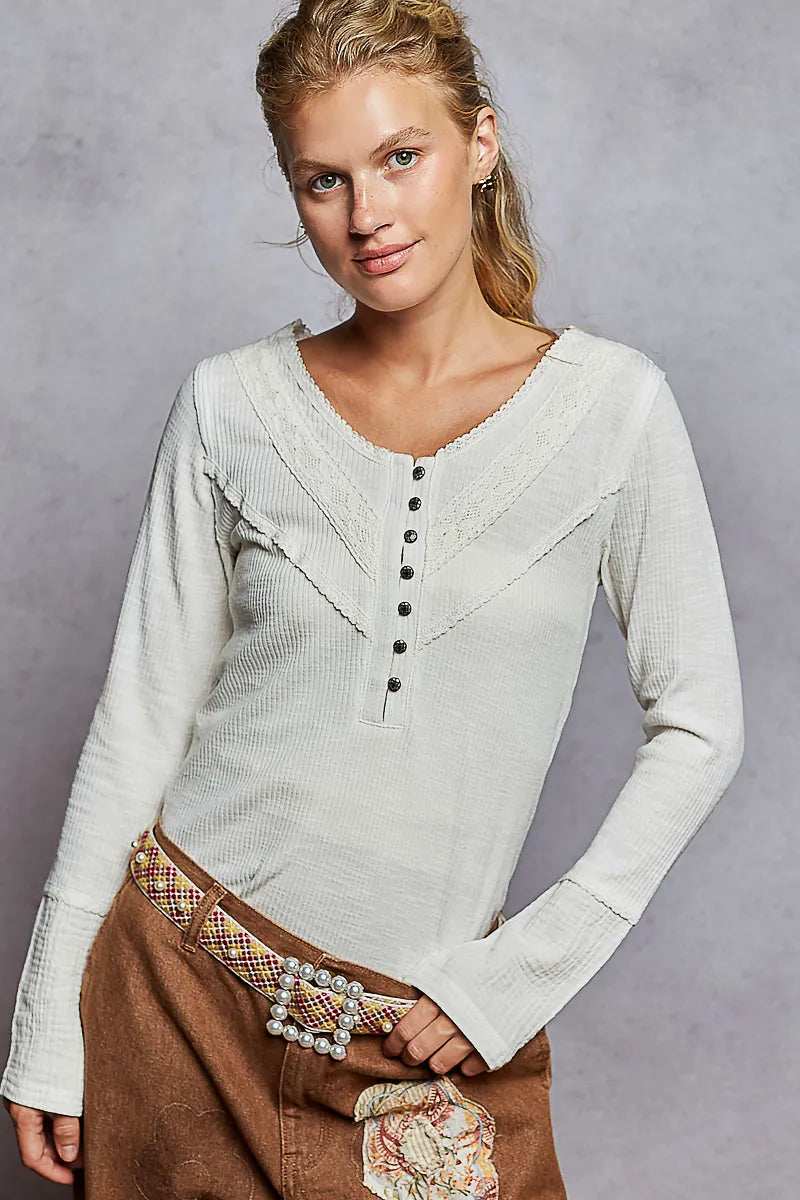 POL Ribbed Half Button Lace Detail Knit Top - Trendsi - Flyclothing LLC