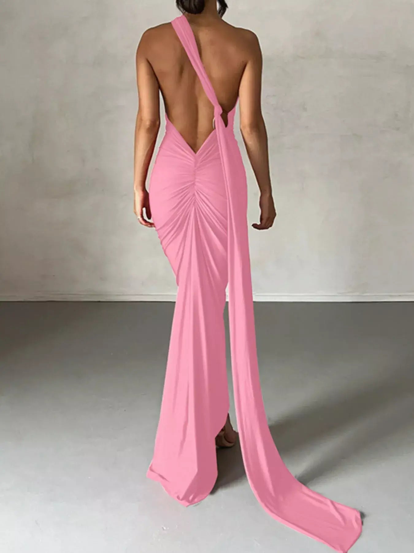 Backless One-Shoulder Ruched Bodycon Maxi Dress - Trendsi - Flyclothing LLC