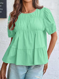Round Neck Puff Sleeve Tiered Blouse - Trendsi - Flyclothing LLC