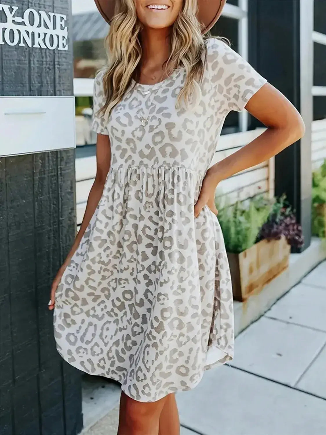 Leopard Round Neck Short Sleeve Mini Tee Dress - Trendsi - Flyclothing LLC