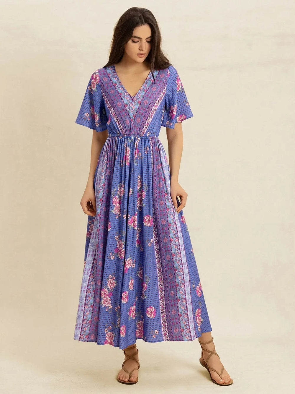 Printed Short Sleeve Midi Dress - Trendsi