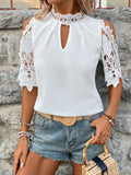 Lace Mock Neck Cold Shoulder Blouse - Trendsi