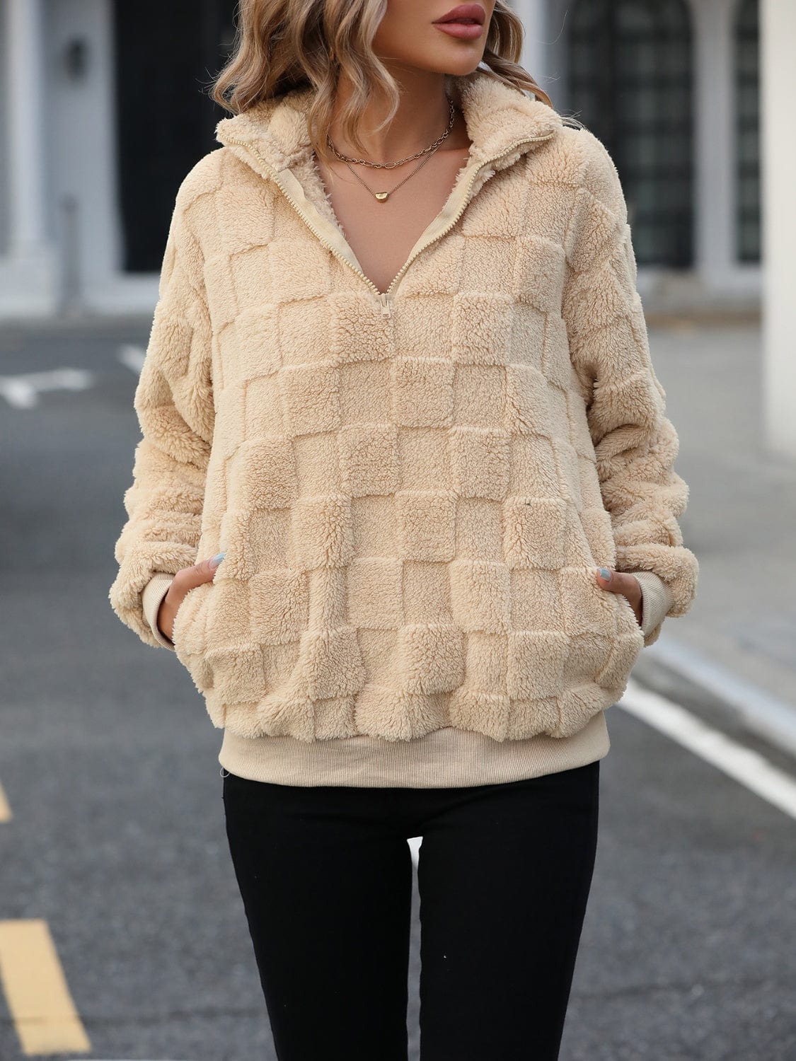 Fuzzy Quarter Zip Long Sleeve Sweatshirt - Trendsi
