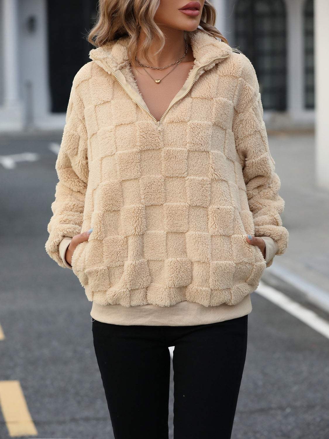Fuzzy Quarter Zip Long Sleeve Sweatshirt - Trendsi - Flyclothing LLC