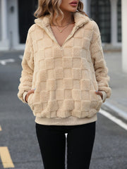 Fuzzy Quarter Zip Long Sleeve Sweatshirt - Trendsi