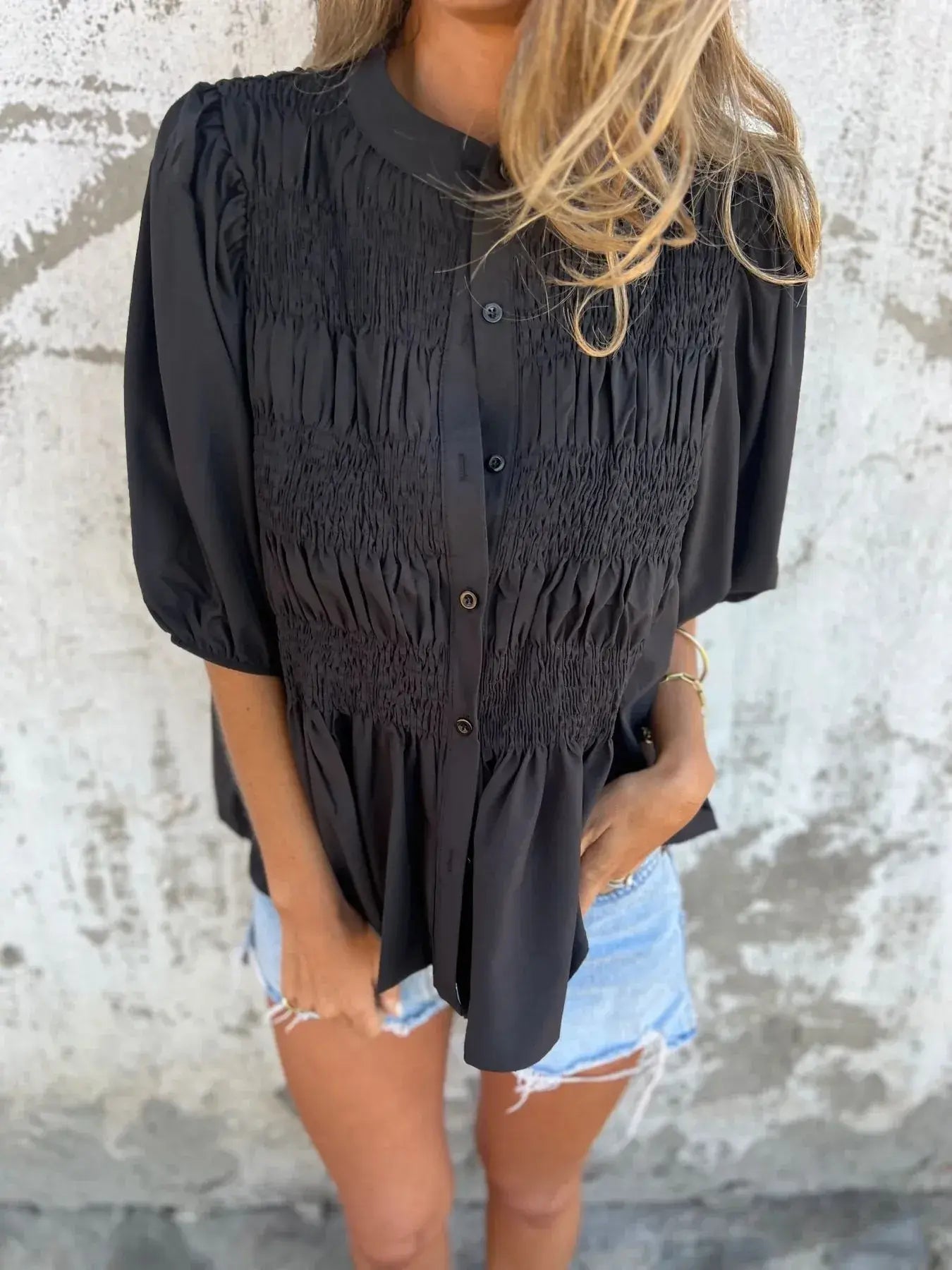 Full Size Smocked Puff Sleeve Blouse Plus Size - Trendsi - Flyclothing LLC
