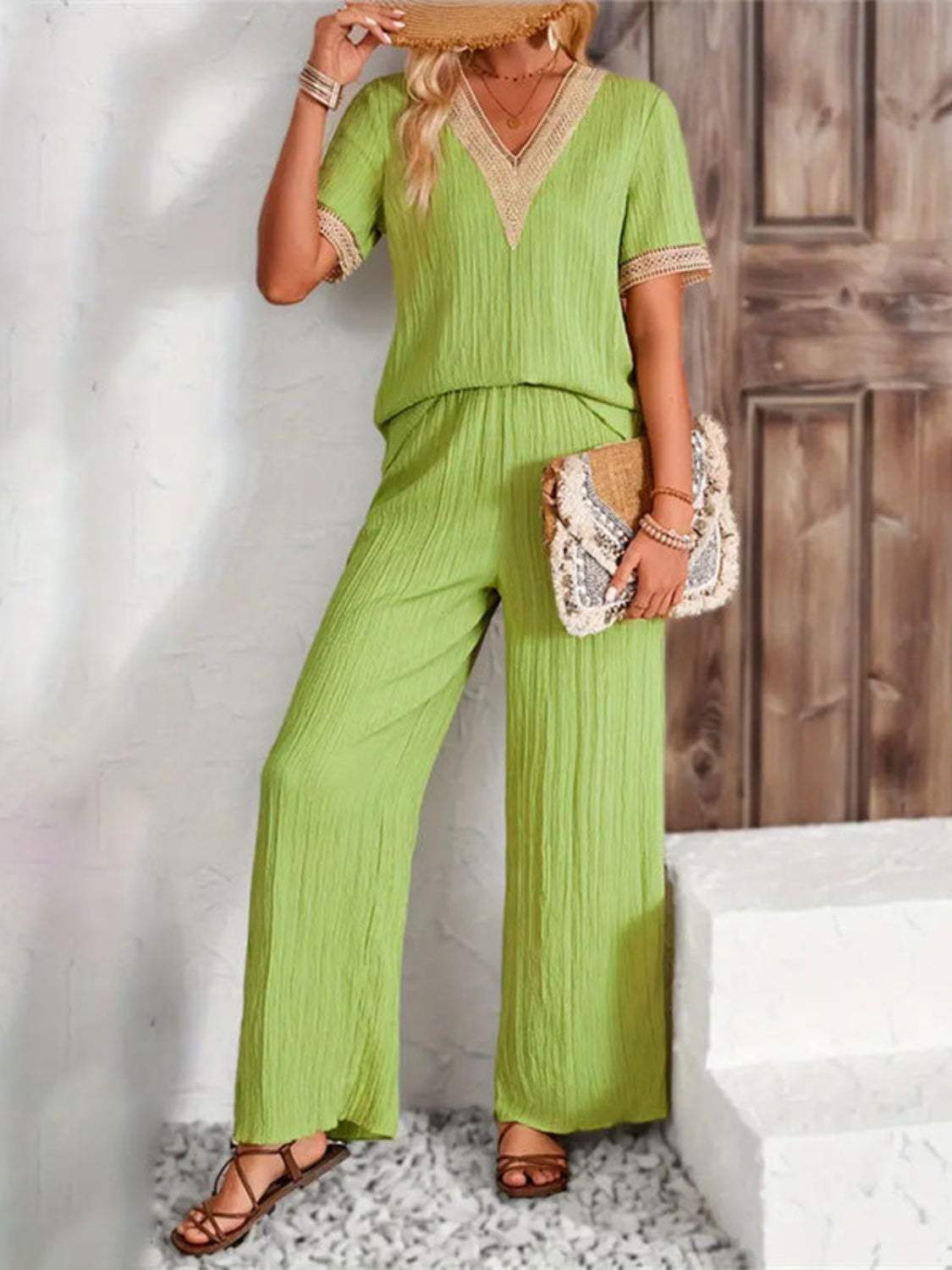 V-Neck Short Sleeve Top and Pants Set - Trendsi - Flyclothing LLC