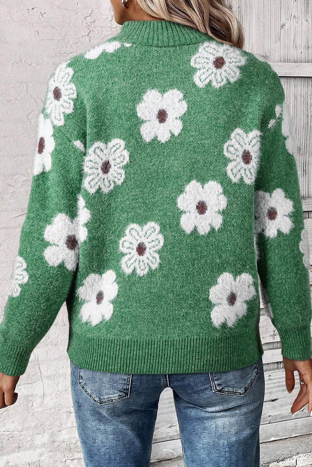 Flower Half Zip Long Sleeve Sweater - Trendsi - Flyclothing LLC