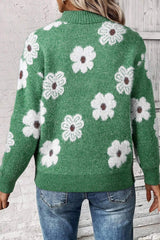Flower Half Zip Long Sleeve Sweater - Trendsi - Flyclothing LLC