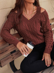 Honey Cable-Knit V-Neck Cold Shoulder Sweater - Trendsi