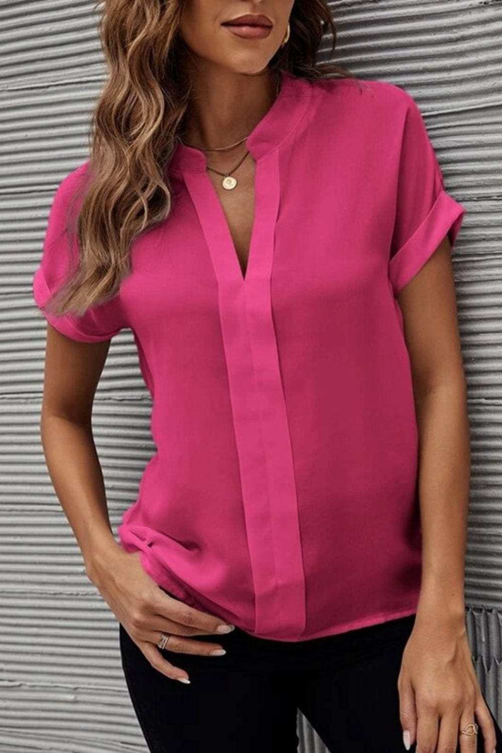 Full Size Notched Short Sleeve Blouse - Trendsi - Flyclothing LLC
