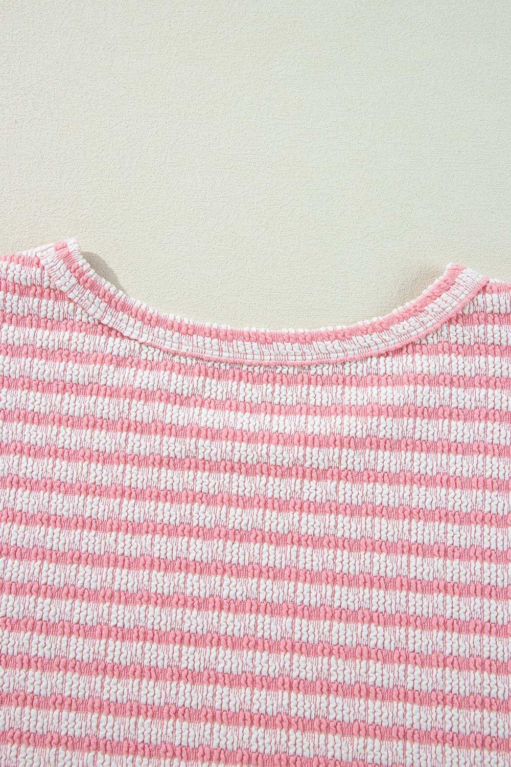 Stripe Textured Puff Sleeve Crewneck Top - Trendsi - Flyclothing LLC