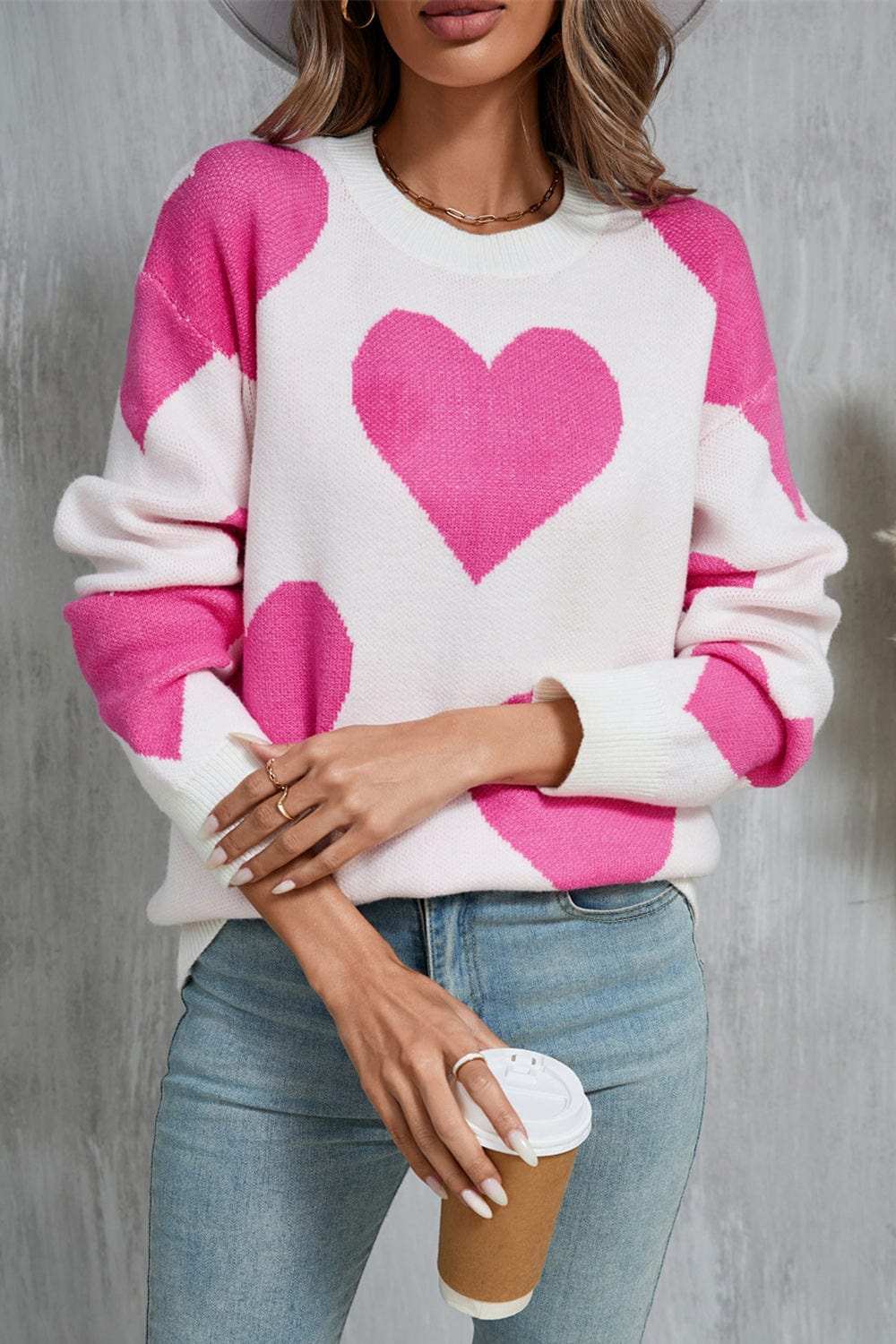 Angel Wings Contrast Heart Dropped Shoulder Long Sleeve Sweater - Trendsi - Flyclothing LLC