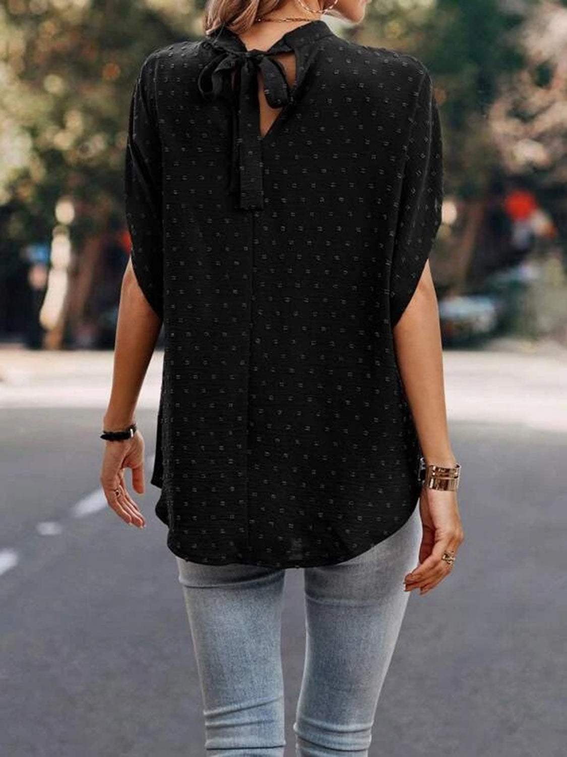 Swiss Dot Mock Neck Half Sleeve Blouse - Trendsi - Flyclothing LLC