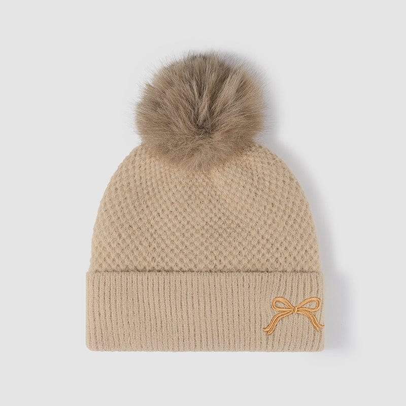 Thermal Bow Knit Hat with Pompom - Trendsi - Flyclothing LLC