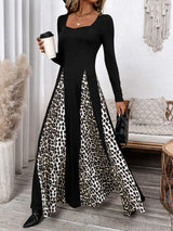 Perfee Leopard Square Neck Long Sleeve Maxi Dress - Trendsi - Flyclothing LLC