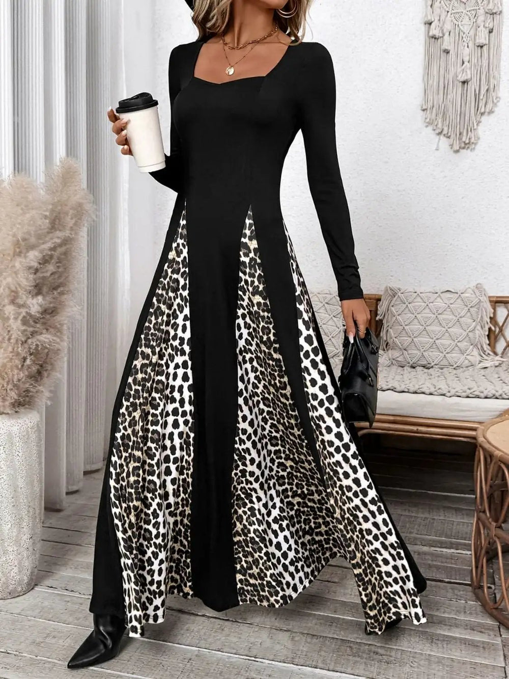 Perfee Leopard Square Neck Long Sleeve Maxi Dress - Trendsi