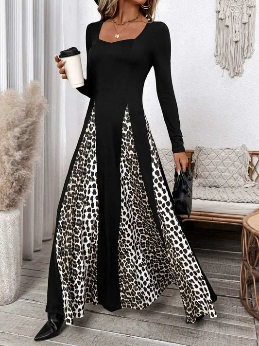 Perfee Leopard Square Neck Long Sleeve Maxi Dress - Trendsi - Flyclothing LLC