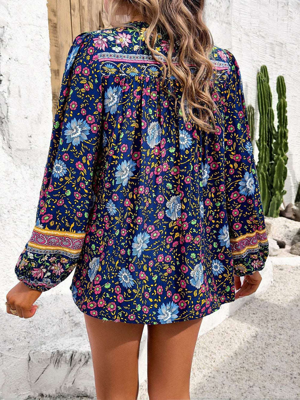 Printed Tie Neck Long Sleeve Blouse - Trendsi - Flyclothing LLC