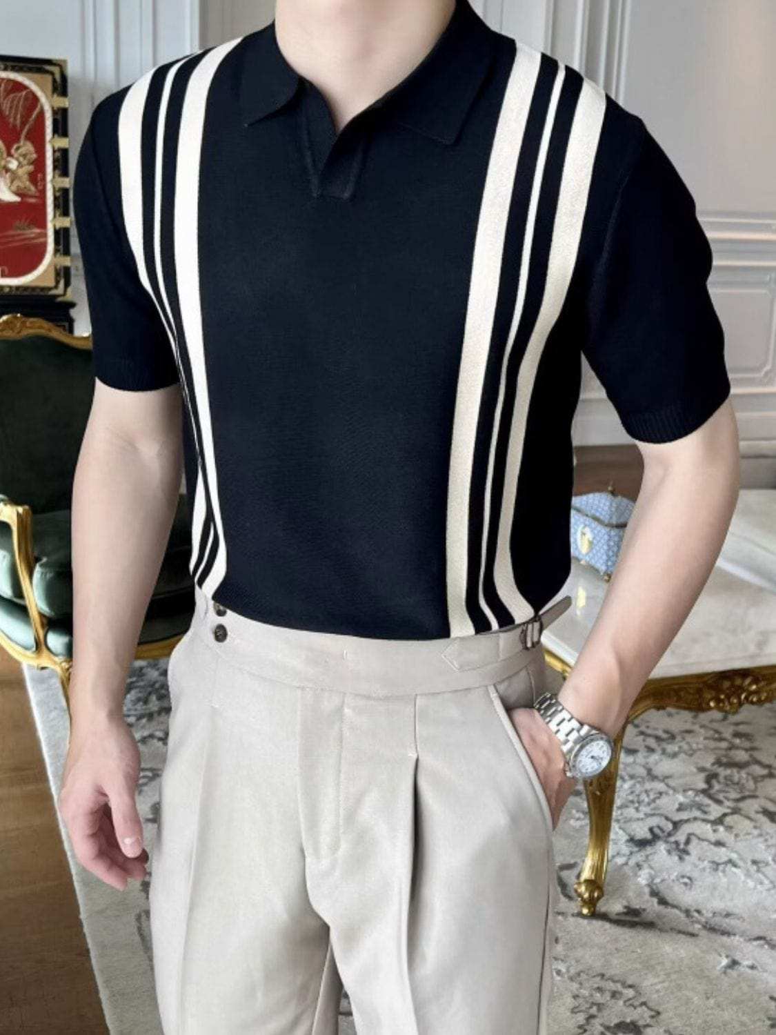 Men's Plus Size Contrast Collared Neck Short Sleeve Polo - Trendsi - Flyclothing LLC