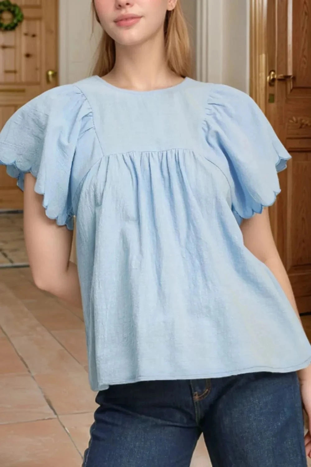 Solid Color Embroidered Scalloped Sleeves Crew Neck Blouse - Trendsi