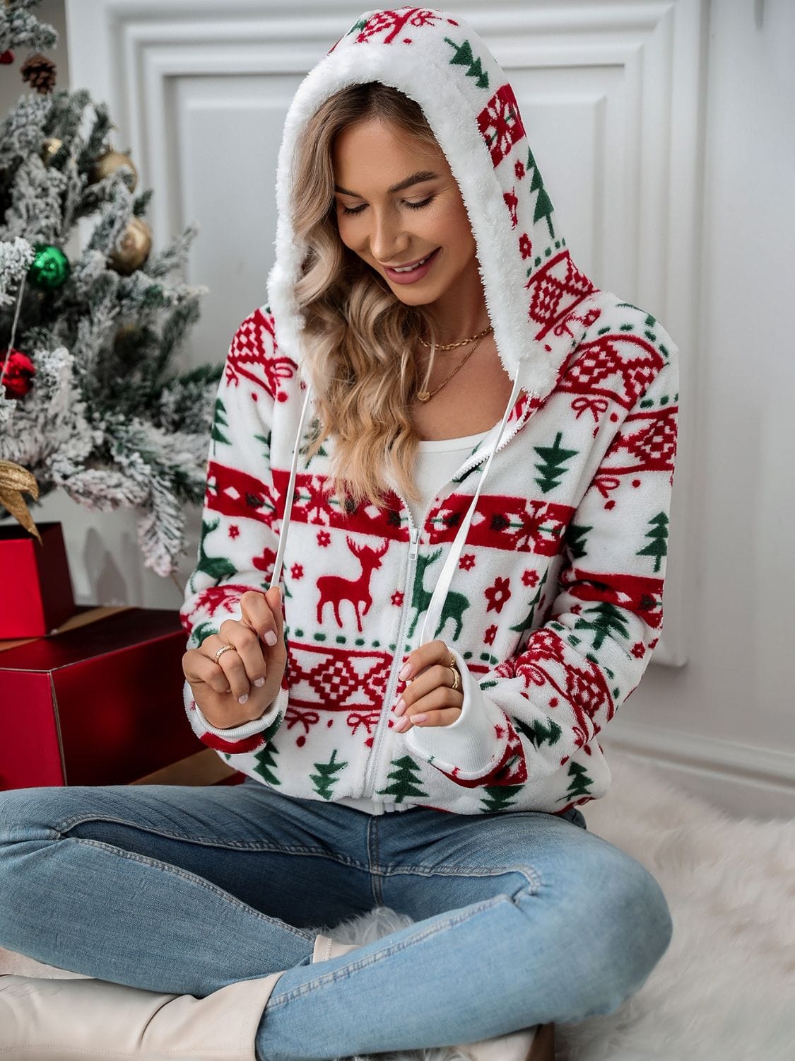 Drawstring Christmas Element Zip Up Hooded Jacket - Trendsi