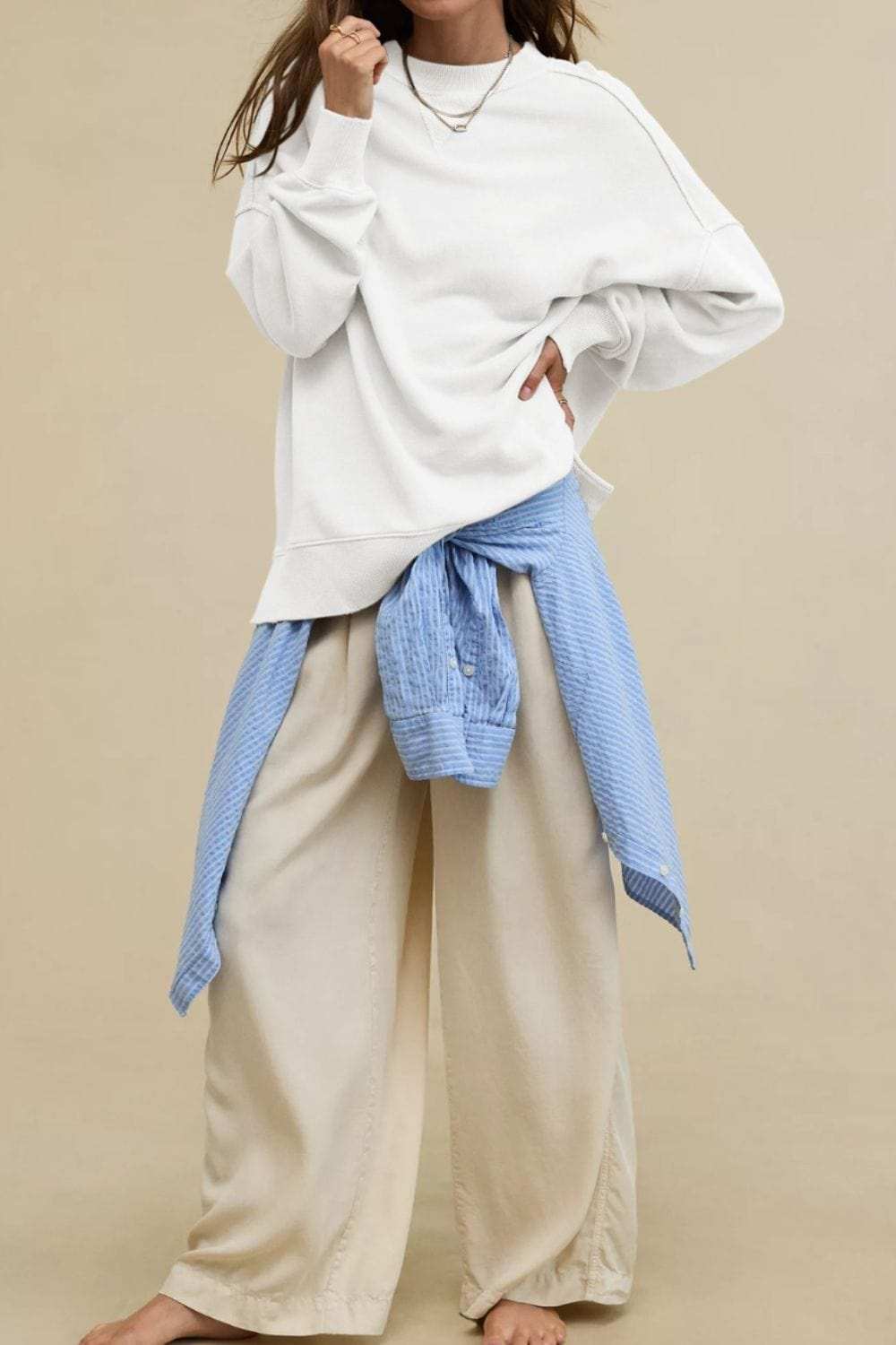 Side Slit Round Neck Long Sleeve Sweatshirt - Trendsi - Flyclothing LLC