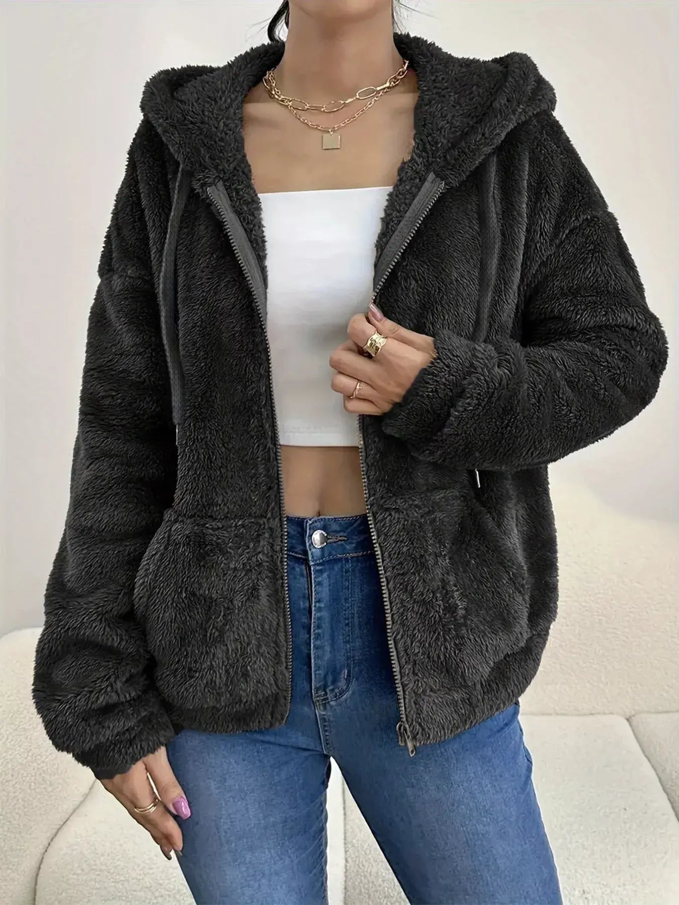 Drawstring Fleece Zip-Up Outerwear - Trendsi - Flyclothing LLC