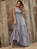 Printed V-Neck Ruffled Cap Sleeve Maxi Dress - Trendsi - Flyclothing LLC