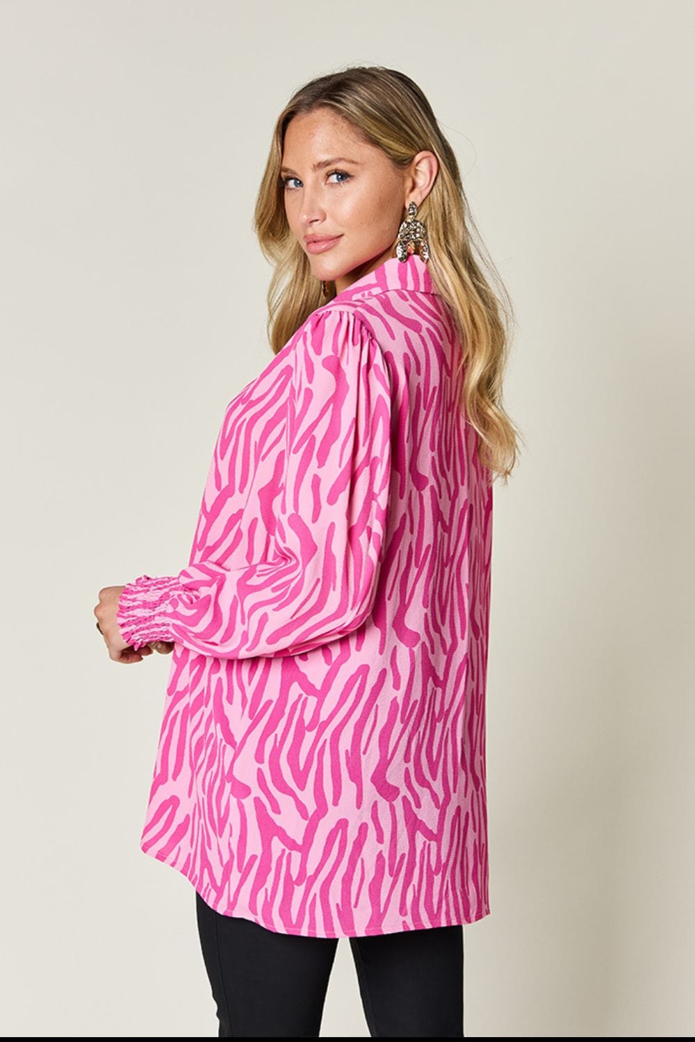 Double Take Full Size Printed Smocked Long Sleeve Blouse - Trendsi