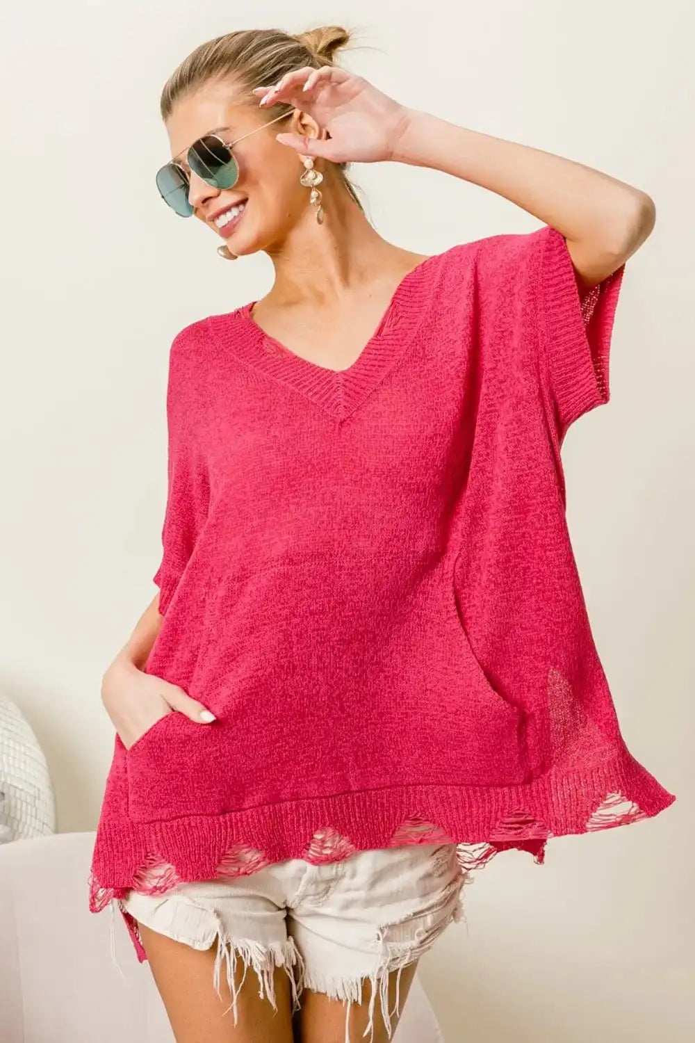 BiBi Distressed Hem V-Neck Slit Sweater - Trendsi - Flyclothing LLC