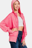Zenana Acid Washed French Terry Zip-Up Hoodie with Pockets - Trendsi - Flyclothing LLC