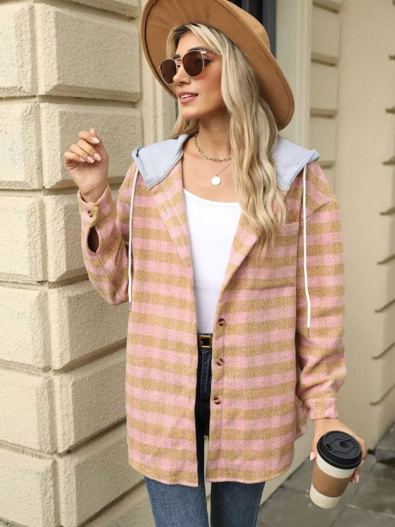 Plaid Button Up Long Sleeve Drawstring Hooded Jacket - Trendsi - Flyclothing LLC