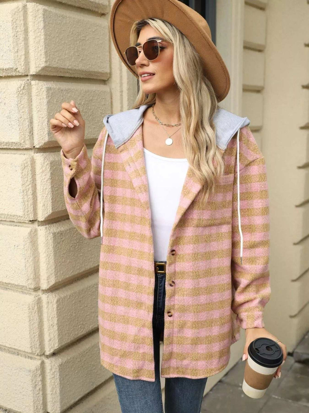 Plaid Button Up Long Sleeve Drawstring Hooded Jacket - Trendsi - Flyclothing LLC