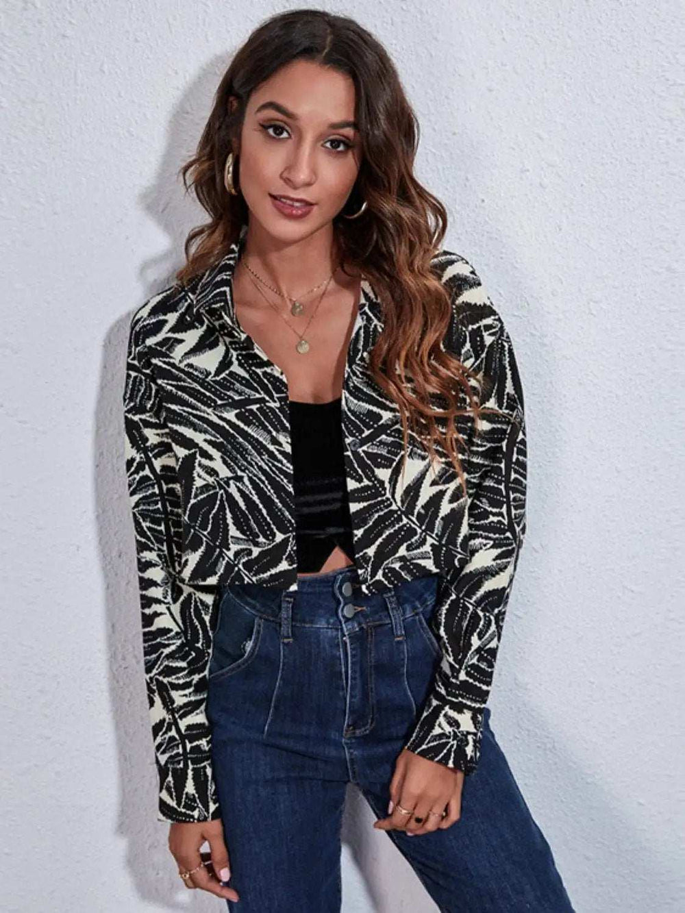 Button Down Printed Cropped Jacket - Trendsi - Flyclothing LLC