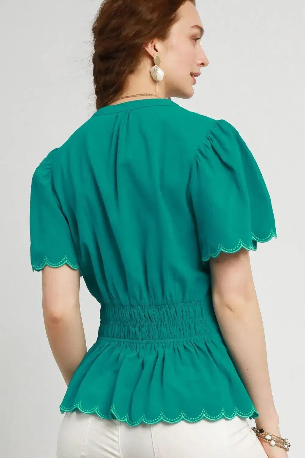 Umgee Scalloped Edge Flutter Sleeve Blouse - Trendsi - Flyclothing LLC