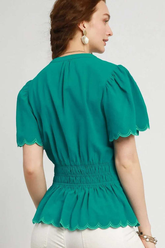 Umgee Scalloped Edge Flutter Sleeve Blouse - Trendsi - Flyclothing LLC