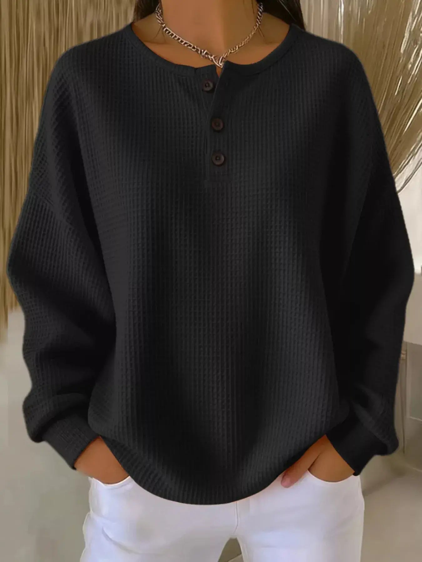 Full Size Casual Waffle Knit Button Detail Pullover Plus Size - Trendsi - Flyclothing LLC