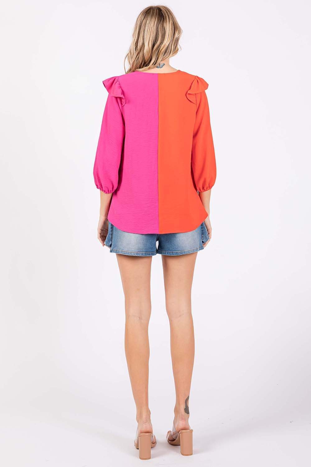 GeeGee Full Size Ruffle Trim Contrast Blouse - Trendsi - Flyclothing LLC