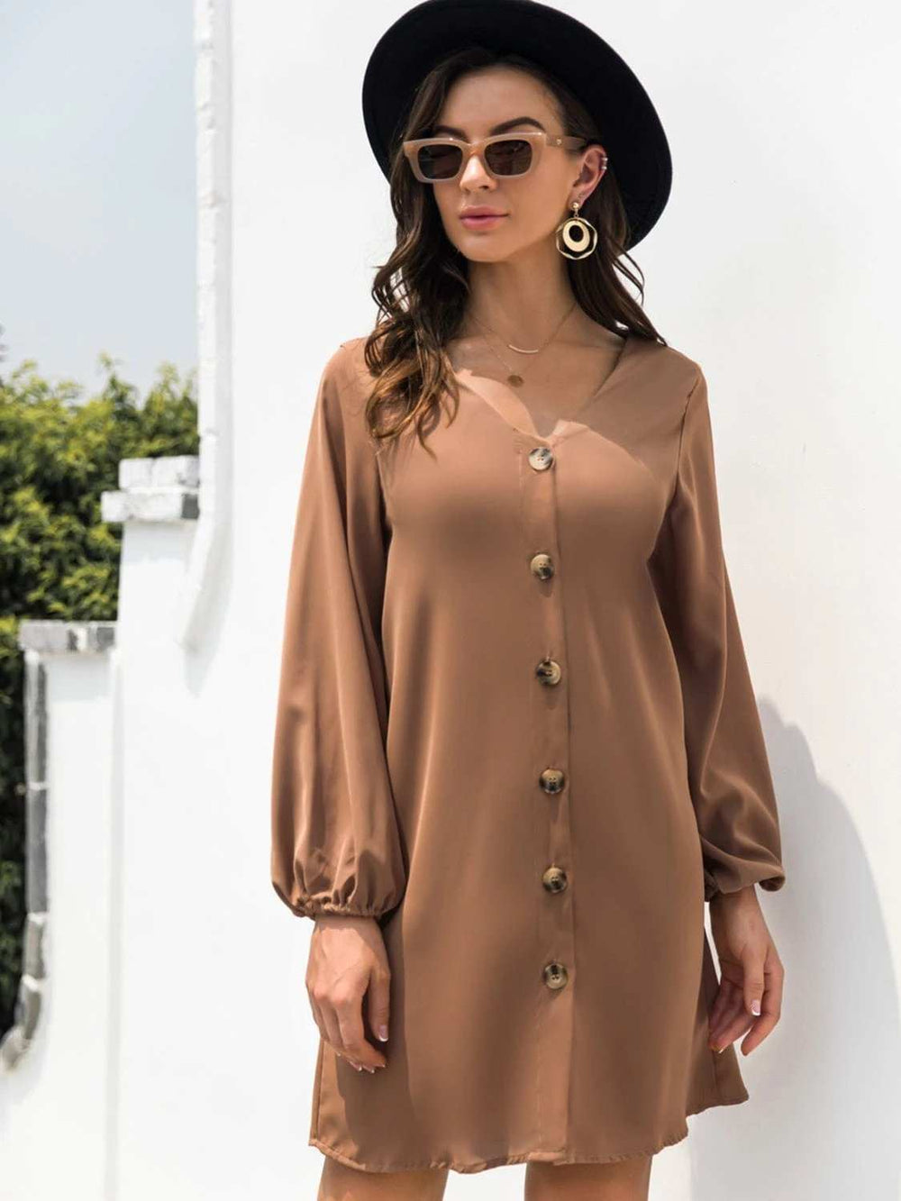 V-Neck Long Sleeve Mini Dress - Trendsi - Flyclothing LLC