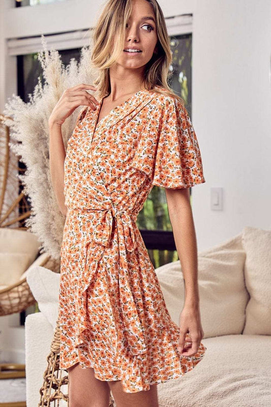 BiBi Floral Tied Short Sleeve Mini Wrap Dress - Trendsi - Flyclothing LLC