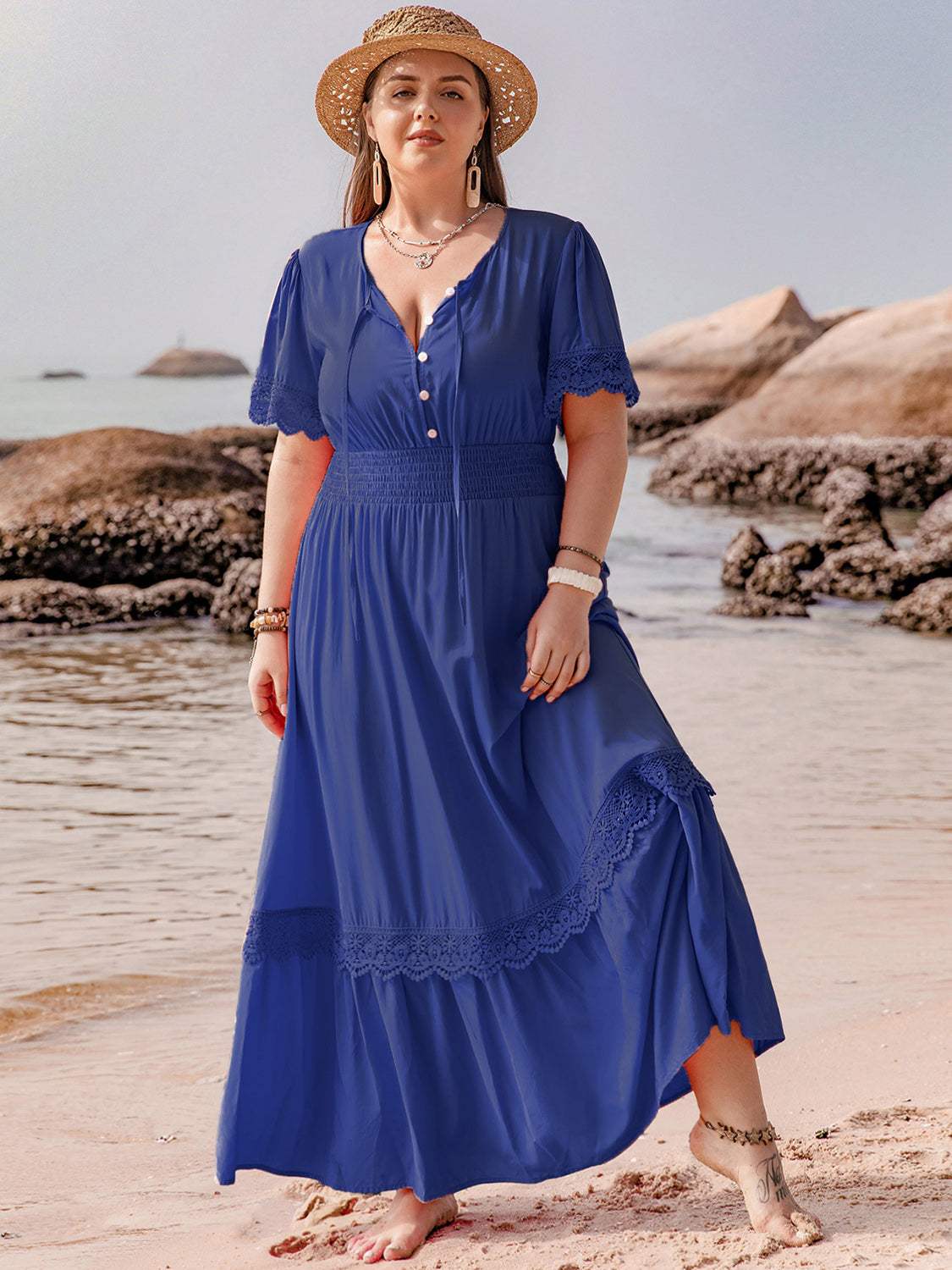 Plus Size Lace Detail Tie Neck Short Sleeve Maxi Dress - Trendsi - Flyclothing LLC