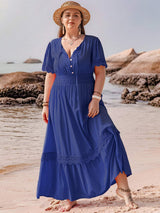 Plus Size Lace Detail Tie Neck Short Sleeve Maxi Dress - Trendsi - Flyclothing LLC