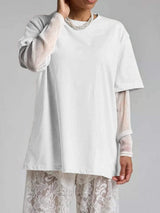 Faux Layered Round Neck Mesh Sleeve Top - Trendsi - Flyclothing LLC