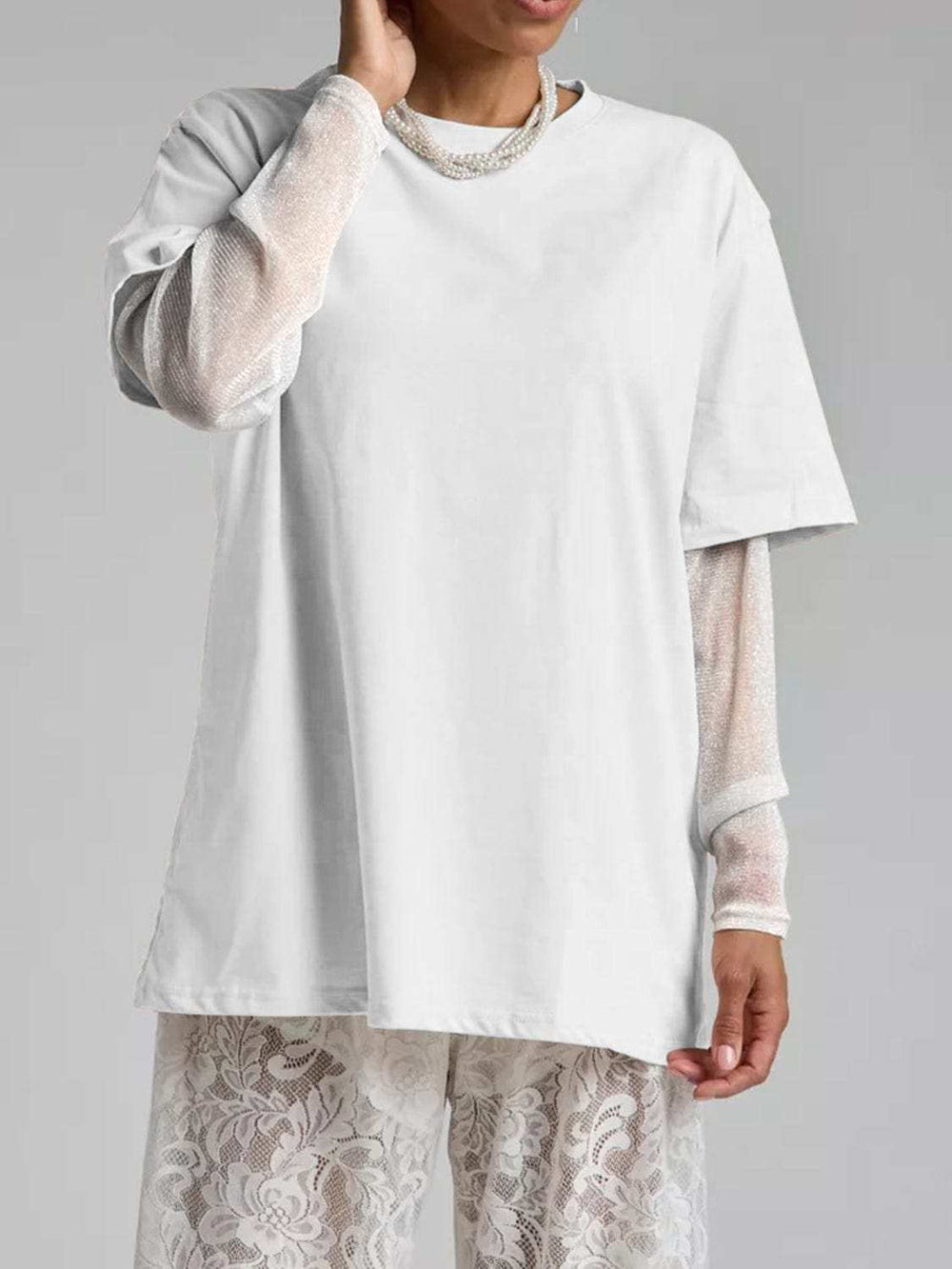 Faux Layered Round Neck Mesh Sleeve Top - Trendsi - Flyclothing LLC