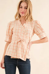 And The Why Plaid Patterned and Ruffled Wrap Blouse Top - Trendsi - Flyclothing LLC