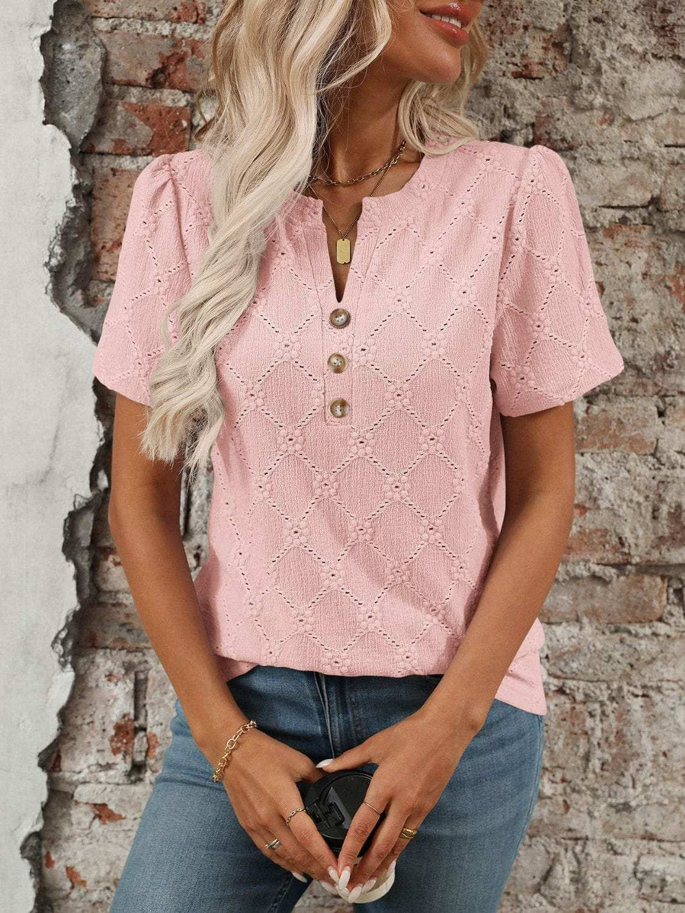 Eyelet Notched Short Sleeve Top - Trendsi - Flyclothing LLC