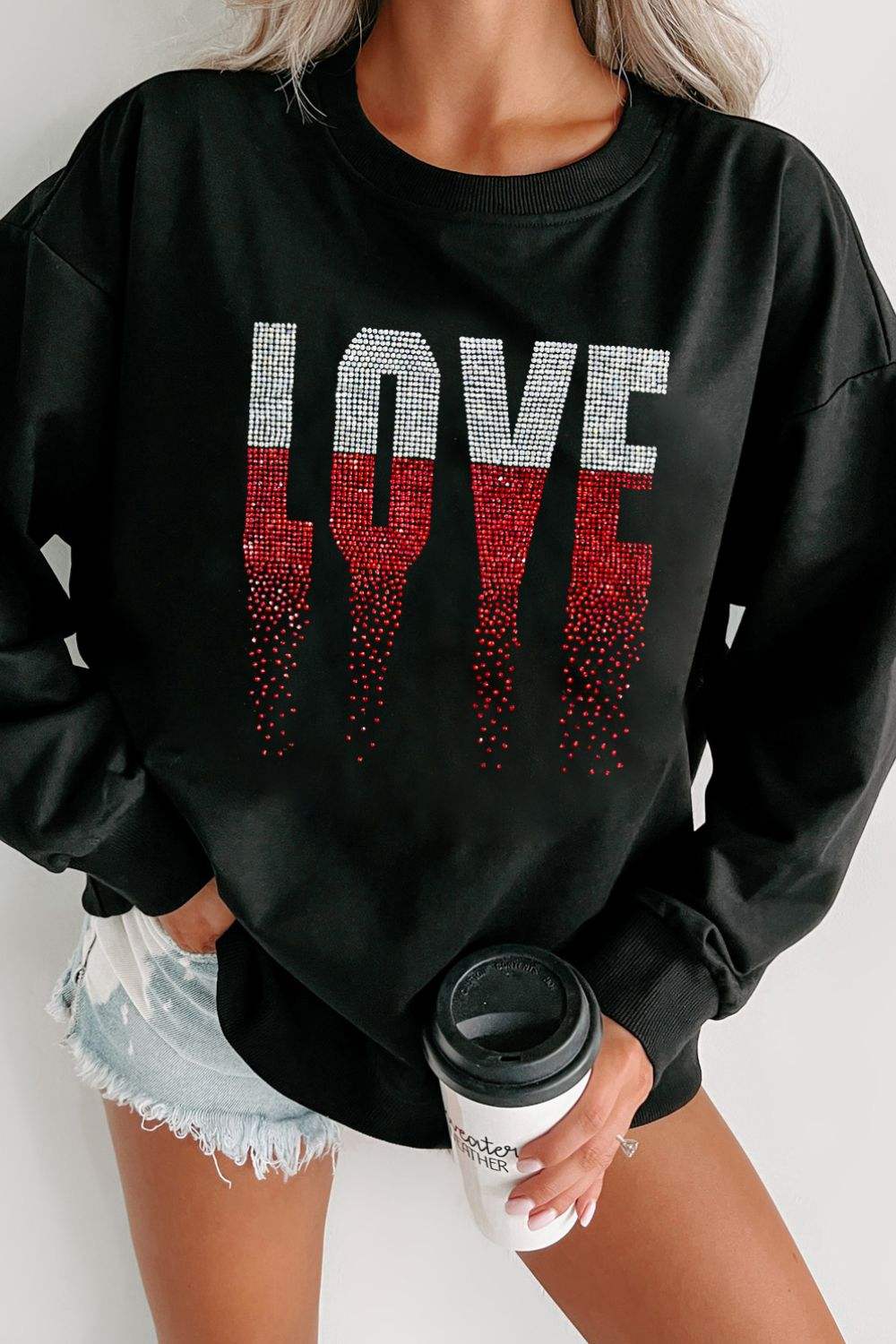 Rhinestone LOVE Round Neck Long Sleeve Sweatshirt - Trendsi - Flyclothing LLC